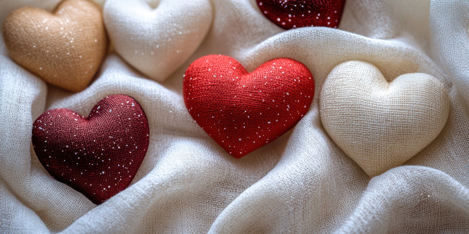 Decorative hearts arranged on soft fabric creating a warm and cozy atmosphere during a romantic setting